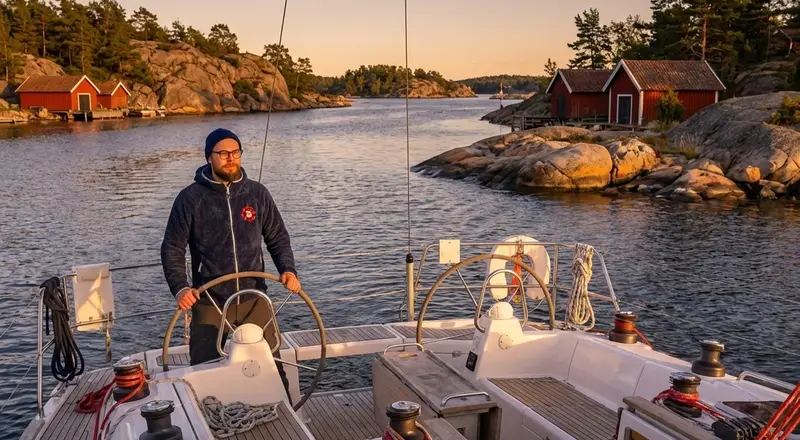Segelbåt på väg genom Bohusläns skärgård i solnedgången