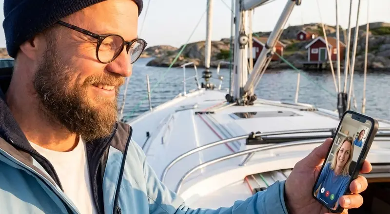 Båttekniker visar kunden arbetet live via videosamtal ombord
