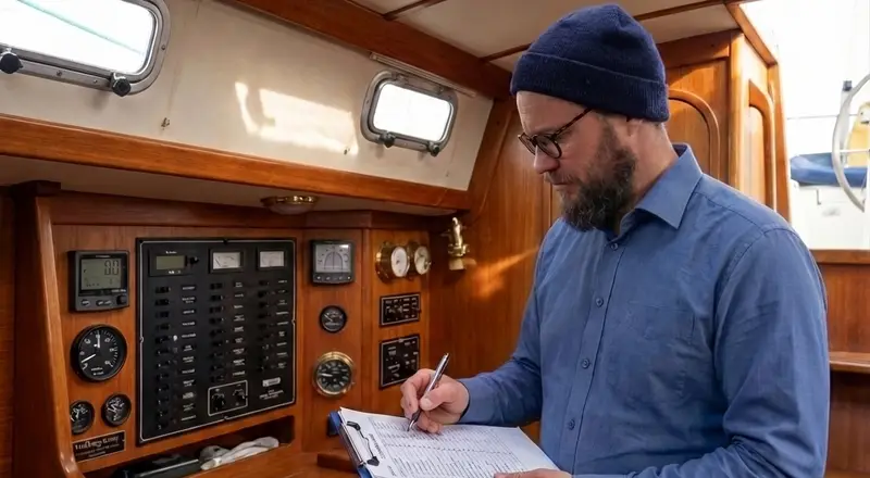 Genomgång av båtens elsystem och instrumentpanel vid navigationsplatsen